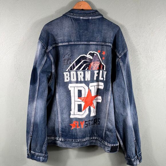 Born Fly Men's 3XL Embroidered Patchwork Aviator Heavy Long Sleeve Denim Jacket - Picture 10 of 10